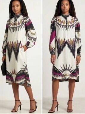 ETRO Patchwork Midi Dress Wool Silk Long Sleeve Pockets Size 44 US 8